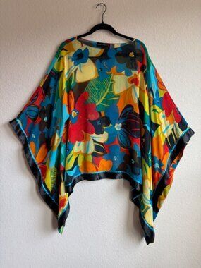 Dana Buchman 100% Silk Floral Kaftan Top XL Sheer Chiffon Poncho Tropical Boho